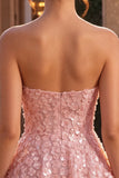 Vestido Curto de Finalistas Rosa A-Line 3D Flor Sweetheart com folhos