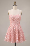 Vestido Curto de Finalistas Rosa A-Line 3D Flor Sweetheart com folhos