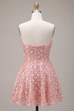 Vestido Curto de Finalistas Rosa A-Line 3D Flor Sweetheart com folhos