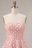 Vestido Curto de Finalistas Rosa A-Line 3D Flor Sweetheart com folhos