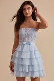 Vestido Curto de Regresso a Casa Azul A-Line Sem Alças, com Folhos e Folhos