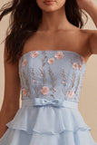 Vestido Curto de Regresso a Casa Azul A-Line Sem Alças, com Folhos e Folhos