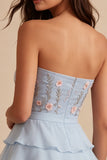 Vestido Curto de Regresso a Casa Azul A-Line Sem Alças, com Folhos e Folhos