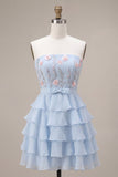 Vestido Curto de Regresso a Casa Azul A-Line Sem Alças, com Folhos e Folhos