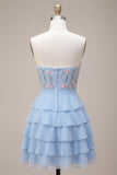 Vestido Curto de Regresso a Casa Azul A-Line Sem Alças, com Folhos e Folhos