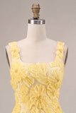 Vestido curto de regresso a casa amarelo curto de pérolas de decote quadrado em linha A com bordas