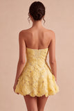 Vestido de Regresso a Casa Floral A-Line Pérolas Amarelas com Folhos