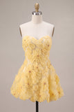 Vestido de Regresso a Casa Floral A-Line Pérolas Amarelas com Folhos