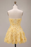 Vestido de Regresso a Casa Floral A-Line Pérolas Amarelas com Folhos