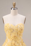 Vestido de Regresso a Casa Floral A-Line Pérolas Amarelas com Folhos