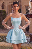 Vestido de Finalistas de Finalistas, Corset de Cetim com Folhos e Espartilho Azul Sem alças, Cintura Basca A-Line