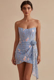Espartilho Bodycon Azul Sem Alças, Vestido Curto de Finalistas Bordado Floral com Faixa