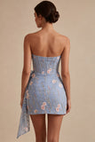 Espartilho Bodycon Azul Sem Alças, Vestido Curto de Finalistas Bordado Floral com Faixa