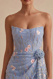 Espartilho Bodycon Azul Sem Alças, Vestido Curto de Finalistas Bordado Floral com Faixa