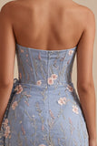 Espartilho Bodycon Azul Sem Alças, Vestido Curto de Finalistas Bordado Floral com Faixa