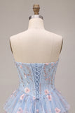 Espartilho A-Line Strapless Floral Cintura Basca com Folhos Azul Vestido de Regresso a Casa
