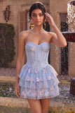 Espartilho A-Line Strapless Floral Cintura Basca com Folhos Azul Vestido de Regresso a Casa
