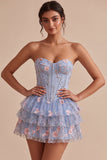 Espartilho A-Line Strapless Floral Cintura Basca com Folhos Azul Vestido de Regresso a Casa