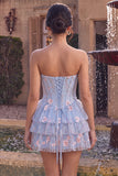 Espartilho A-Line Strapless Floral Cintura Basca com Folhos Azul Vestido de Regresso a Casa