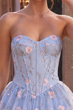 Espartilho A-Line Strapless Floral Cintura Basca com Folhos Azul Vestido de Regresso a Casa