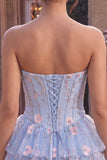 Espartilho A-Line Strapless Floral Cintura Basca com Folhos Azul Vestido de Regresso a Casa