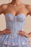 Espartilho A-Line Strapless Floral Cintura Basca com Folhos Azul Vestido de Regresso a Casa