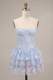 Espartilho A-Line Strapless Floral Cintura Basca com Folhos Azul Vestido de Regresso a Casa