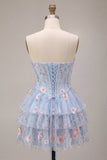 Espartilho A-Line Strapless Floral Cintura Basca com Folhos Azul Vestido de Regresso a Casa