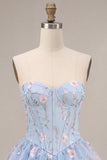 Espartilho A-Line Strapless Floral Cintura Basca com Folhos Azul Vestido de Regresso a Casa