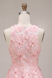 Vestido de Finalista Rosa Floral A-Line Floral com Pérolas Arredondadas e Folhos
