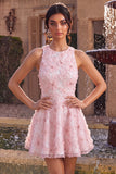 Vestido de Finalista Rosa Floral A-Line Floral com Pérolas Arredondadas e Folhos