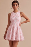 Vestido de Finalista Rosa Floral A-Line Floral com Pérolas Arredondadas e Folhos