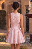 Vestido de Finalista Rosa Floral A-Line Floral com Pérolas Arredondadas e Folhos