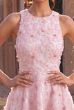 Vestido de Finalista Rosa Floral A-Line Floral com Pérolas Arredondadas e Folhos
