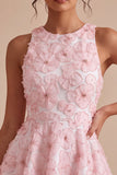 Vestido de Finalista Rosa Floral A-Line Floral com Pérolas Arredondadas e Folhos