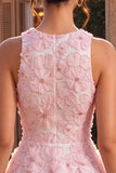 Vestido de Finalista Rosa Floral A-Line Floral com Pérolas Arredondadas e Folhos