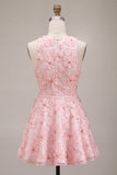 Vestido de Finalista Rosa Floral A-Line Floral com Pérolas Arredondadas e Folhos