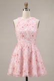 Vestido de Finalista Rosa Floral A-Line Floral com Pérolas Arredondadas e Folhos