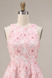Vestido de Finalista Rosa Floral A-Line Floral com Pérolas Arredondadas e Folhos
