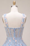 Espartilho transparente azul A-Line Floral com folhos com bainha bolha Vestido curto de regresso a casa