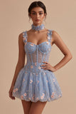 Espartilho transparente azul A-Line Floral com folhos com bainha bolha Vestido curto de regresso a casa