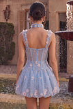 Espartilho transparente azul A-Line Floral com folhos com bainha bolha Vestido curto de regresso a casa