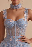 Espartilho transparente azul A-Line Floral com folhos com bainha bolha Vestido curto de regresso a casa