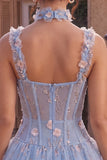 Espartilho transparente azul A-Line Floral com folhos com bainha bolha Vestido curto de regresso a casa