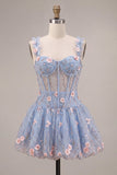 Espartilho transparente azul A-Line Floral com folhos com bainha bolha Vestido curto de regresso a casa