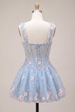 Espartilho transparente azul A-Line Floral com folhos com bainha bolha Vestido curto de regresso a casa