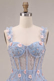 Espartilho transparente azul A-Line Floral com folhos com bainha bolha Vestido curto de regresso a casa