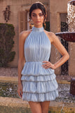 Vestido de Finalistas Azul com decote halter e linha em A, com folhos e folhos e bainha
