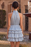 Vestido de Finalistas Azul com decote halter e linha em A, com folhos e folhos e bainha