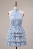 Vestido de Finalistas Azul com decote halter e linha em A, com folhos e folhos e bainha